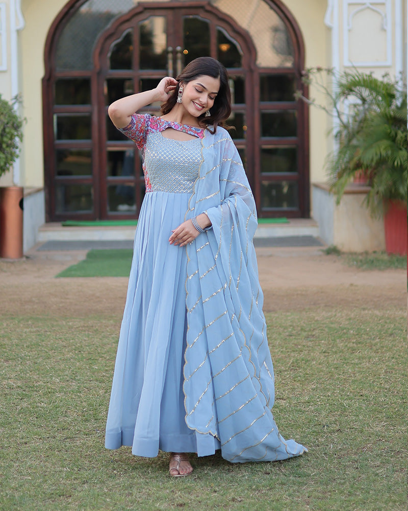 Sky Blue Color Faux Georgette Anarkali With Fancy Neck Design