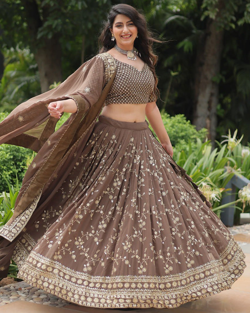 Designer Brown Color Blooming Lehenga Choli With Beautiful Dupatta