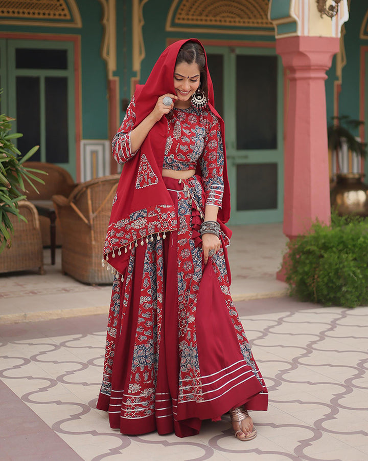 Navratri Wear Maroon Color Rayon Printed Lehenga Choli