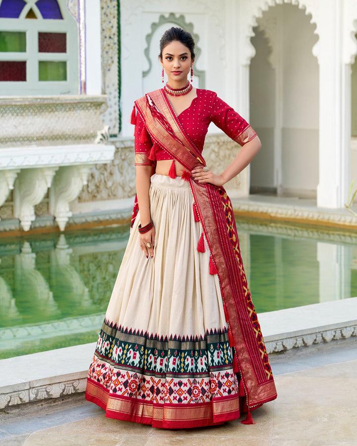 Patola Printed Off-White Color Tussar Silk Lehenga Choli