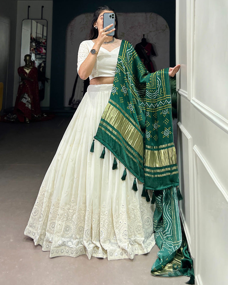 Designer Off-White Lucknowi Work Georgette Lehenga Choli