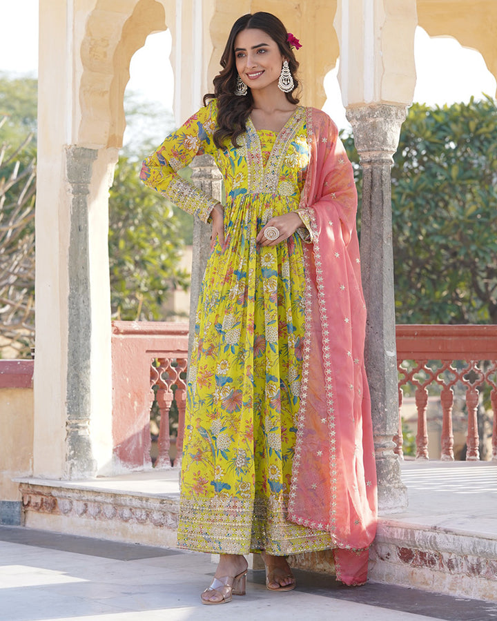 Yellow Color Russian Silk Gown With Designer Dupatta