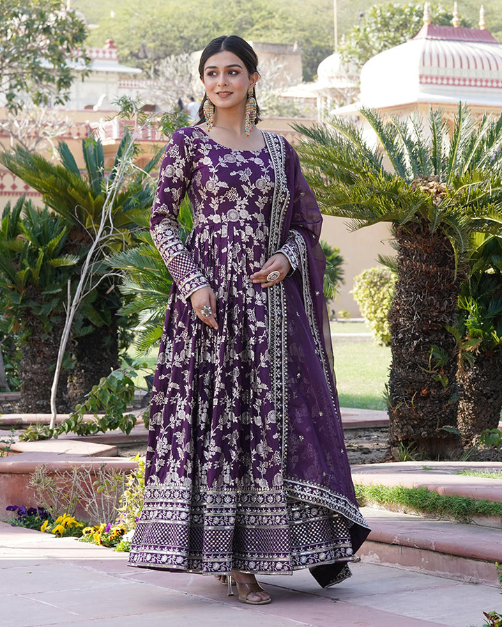 Beautiful Wine Color Viscose Jacquard Gown With Russian Silk Dupatta