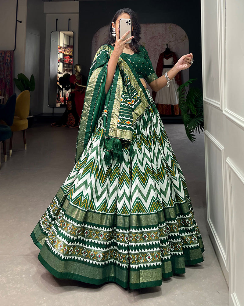 Green Color Leheriya Print Tussar Silk Designer Lehenga Choli