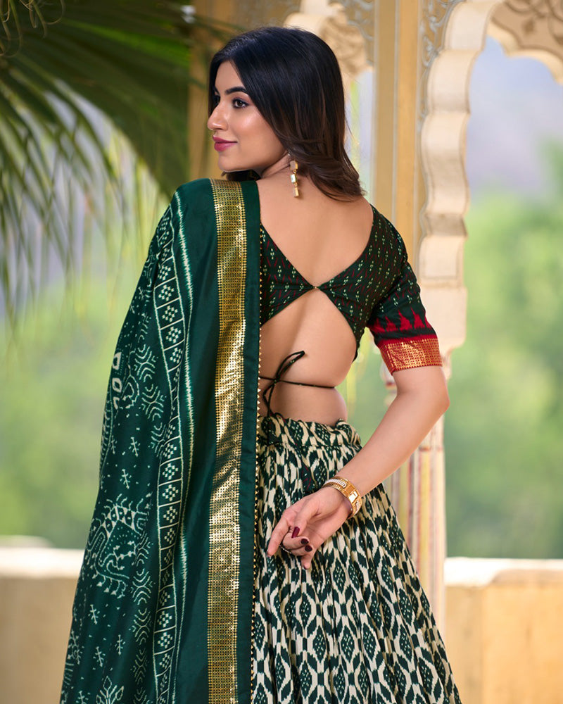 Green Color Tussar Silk Ikkat And Foil Work Lehenga Choli