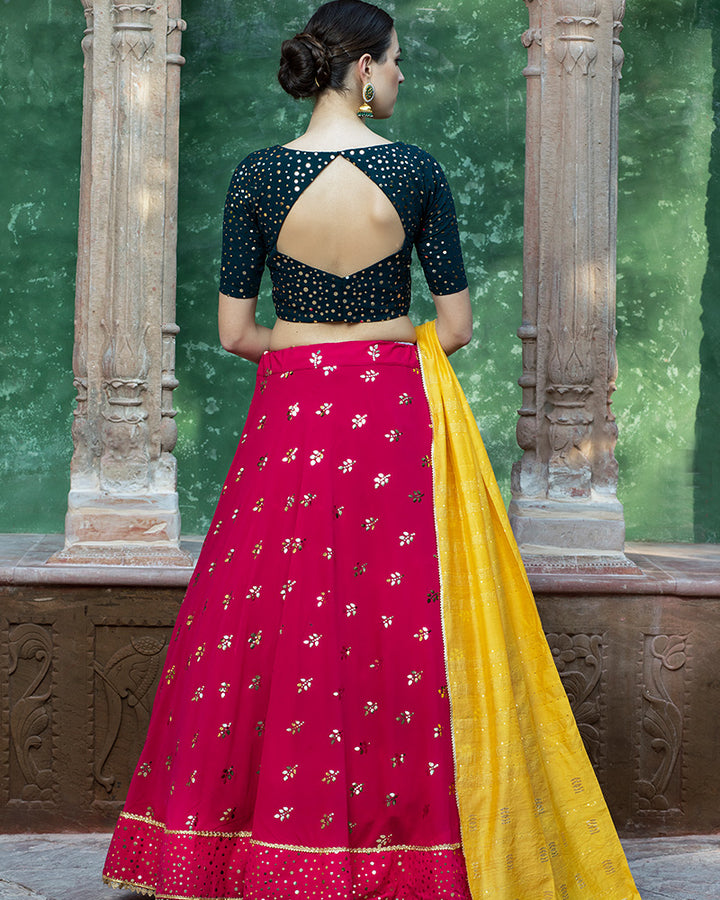 Rani Pink, Yellow, Dark Green Color Designer Georgette Lehenga Choli