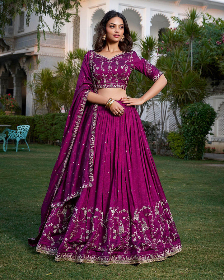 Designer Wine Color Vichitra Silk Embroidery Lehenga Choli