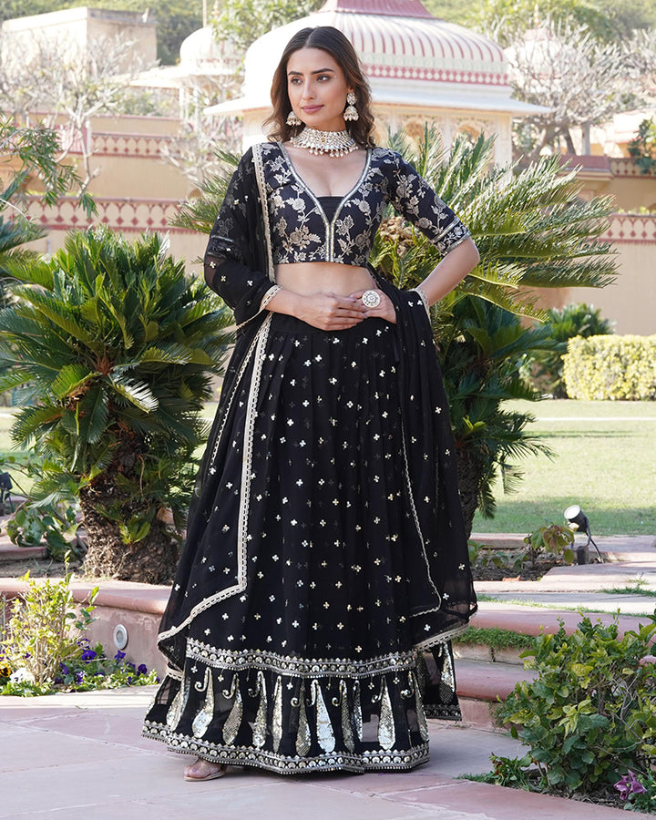 Wedding Wear Black Color Blooming Embroidery Lehenga Choli