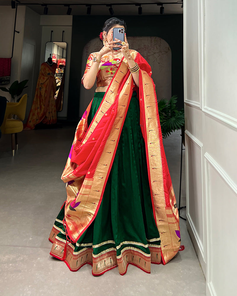 Green Color Vichitra Silk Paithani Lehenga Choli