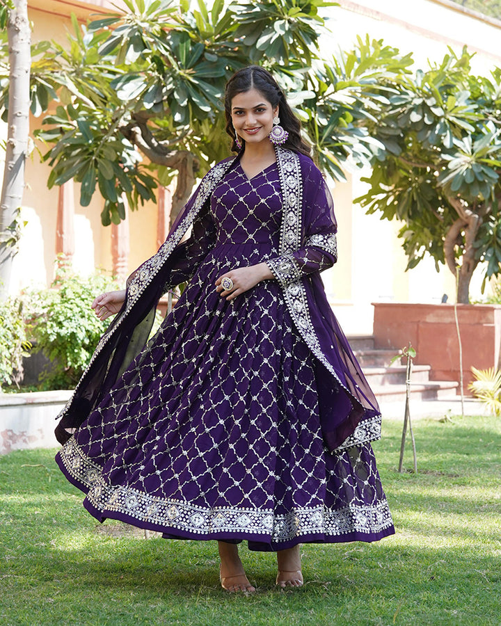 Designer Wine Color Anarkali Gown With Embroidered Dupatta