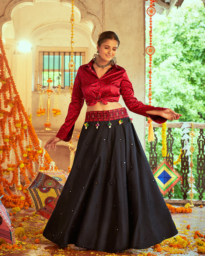 Maroon And Black Color Cotton Printed Crop Top Navratri Lehenga Choli