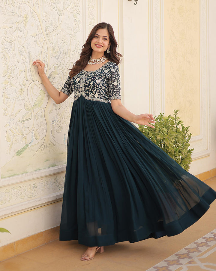 Beautiful Rama Color Embroidered Anarkali Gown