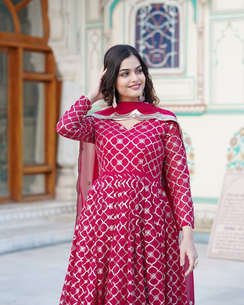 Beautiful Rani Pink Color Embroidery Anarkali Gown With Dupatta