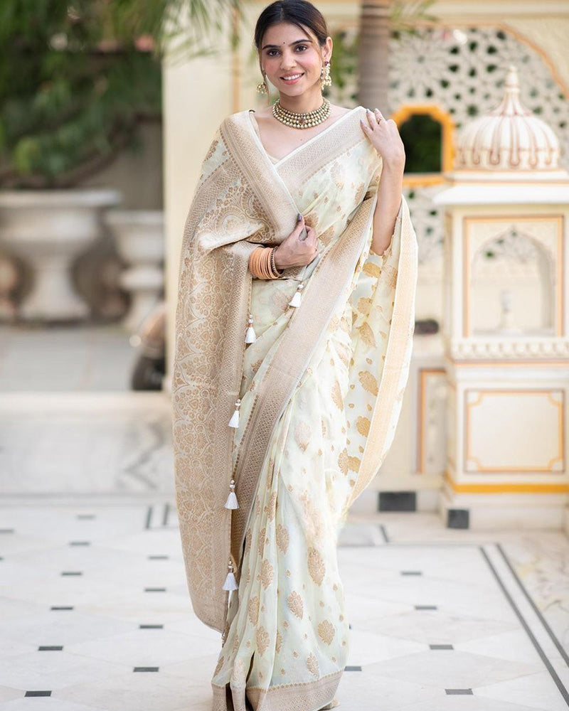 Designer White Color Jacquard Banarasi Silk Saree