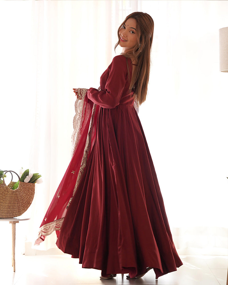 Maroon Color Chanderi Silk Three Piece Anarkali Suit