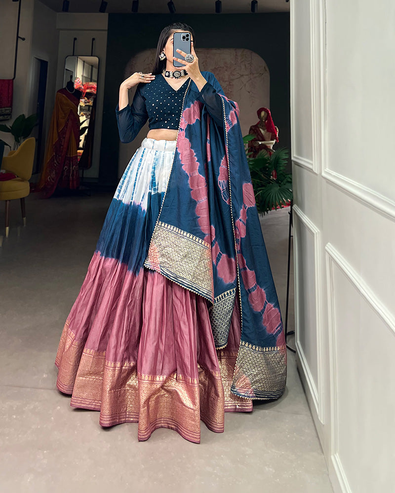 Firozi Color Pure Chanderi Shibori print lehenga Choli