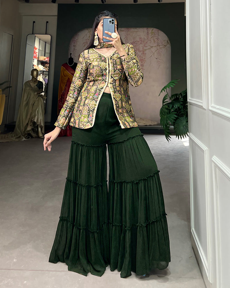 Mehndi Color Jacquard Silk Kurti With Georgette Plazzo Suit