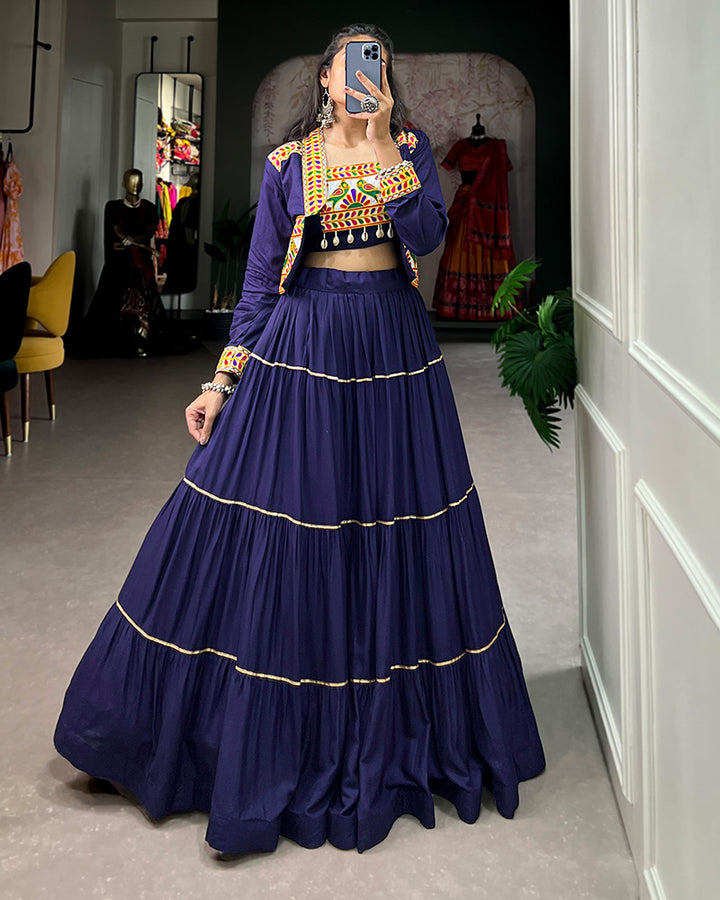 Navy Blue Color Pure Rayon Frill And Gamthi Work Navratri Lehenga Choli