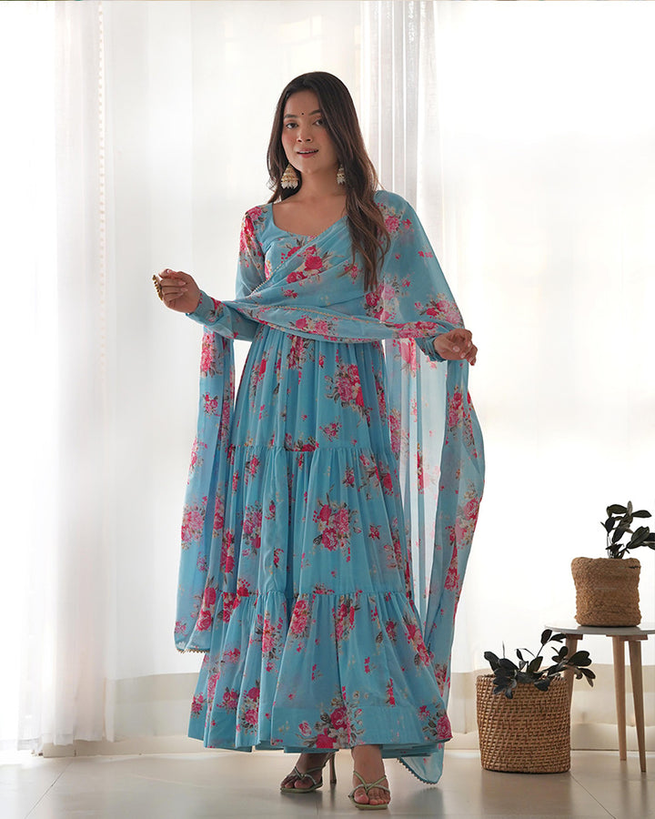 Floral Print Sky Blue Color Georgette Frill Anarkali Suit