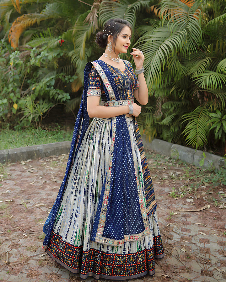 Off White-Blue Color Cotton Shibori Print Wedding Lehenga Choli