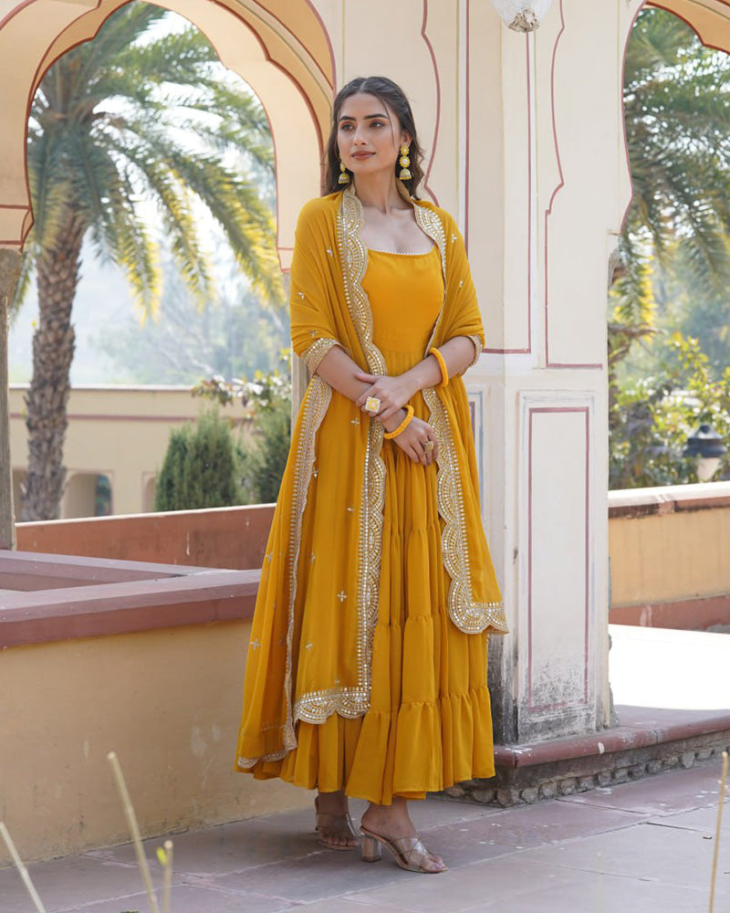 Yellow Color Georgette Frill Gown With Embroidered Dupatta