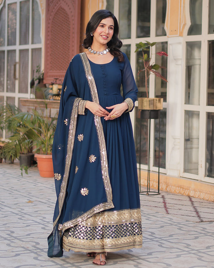 Designer Rama Color Gown With Sequence Embroidered Dupatta