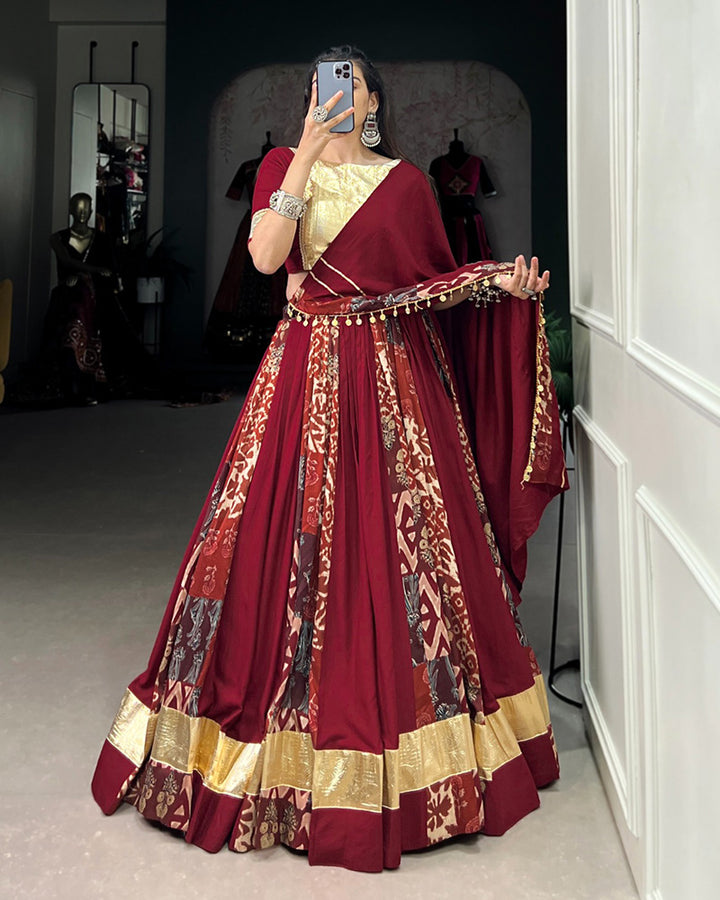 Maroon Color Rayon And Tussar Silk Printed Navratri Lehenga Choli