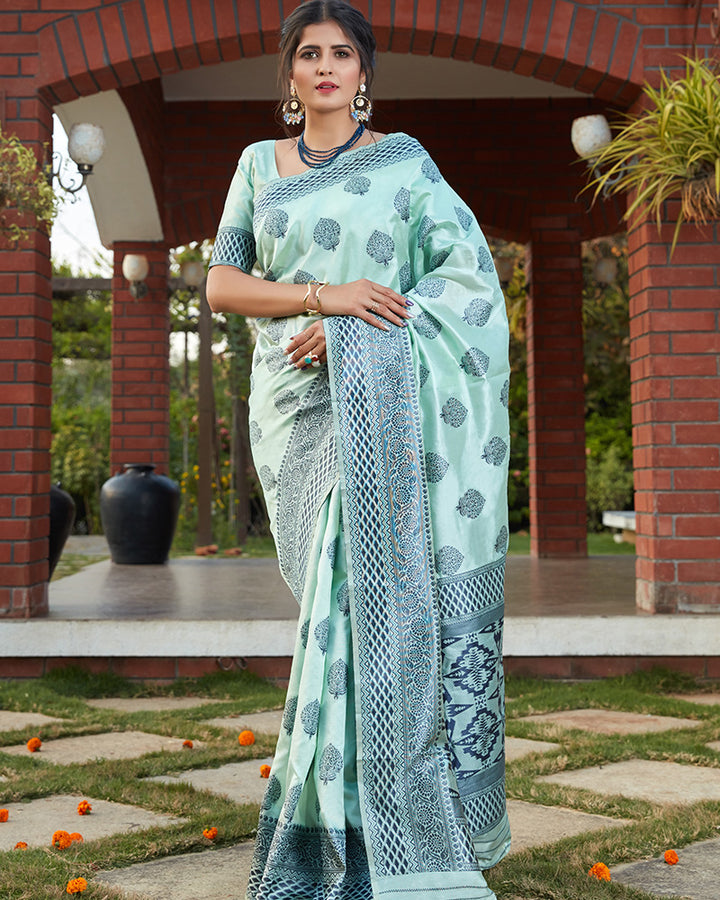 Beautiful Turquoise Blue Color Banarasi Weaving  Silk Saree