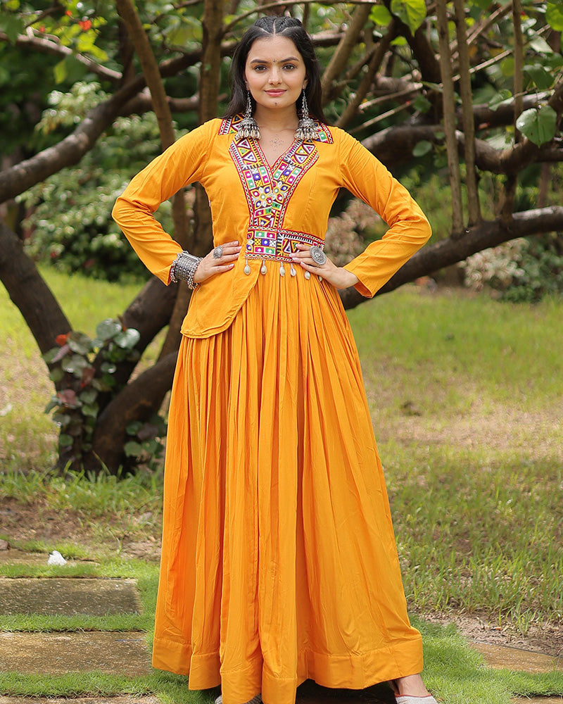 Navratri Special Mustard Color Reyon Designer Koti Style Gown