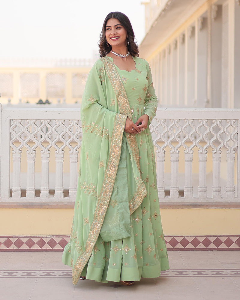 Beautiful Pista Color Georgette Gown With Embroidered Dupatta