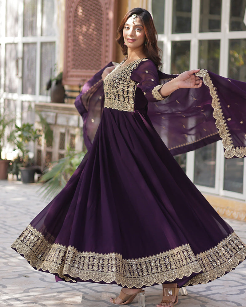 Designer Violet Color Gown With Sequence Embroidered Dupatta