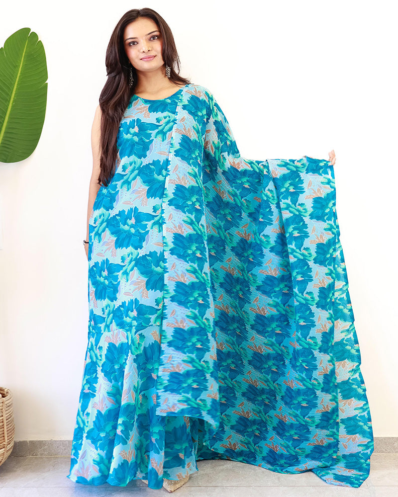 Sea Blue Color Georgette Ready To Wear Gown Saree