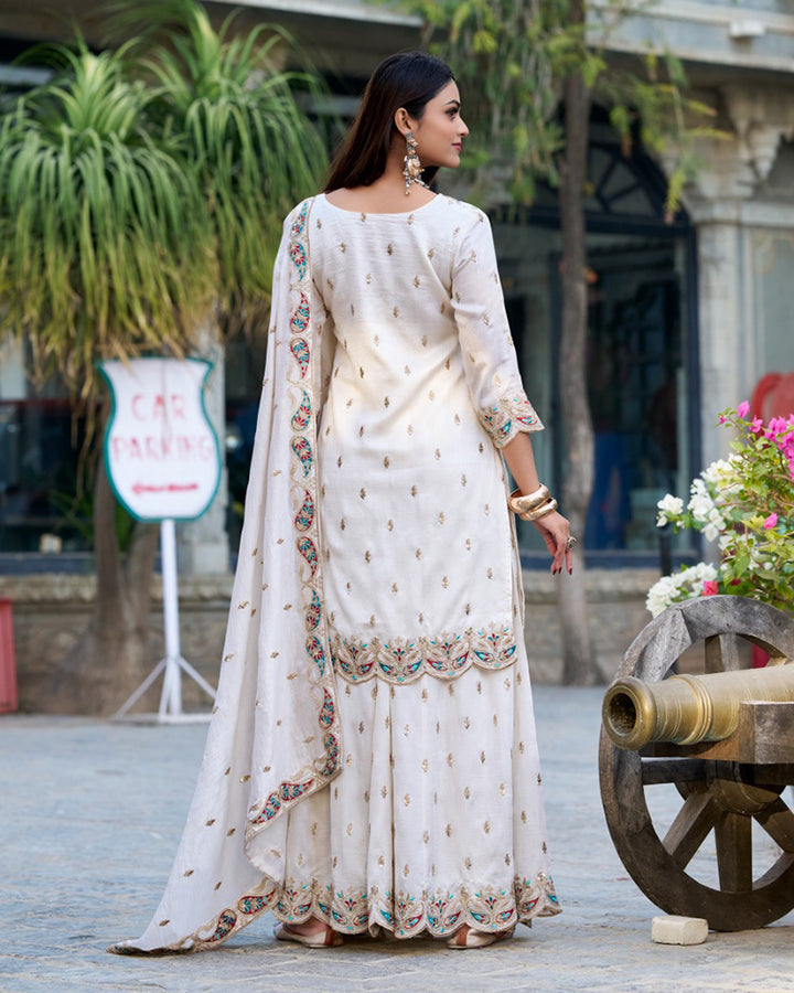 White Color Vichitra Silk Embroidered Salwar Suit