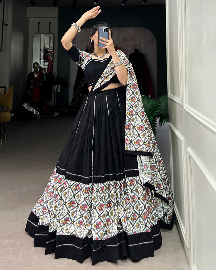 Designer Black And White Color Patola Printed Navratri Lehenga Choli