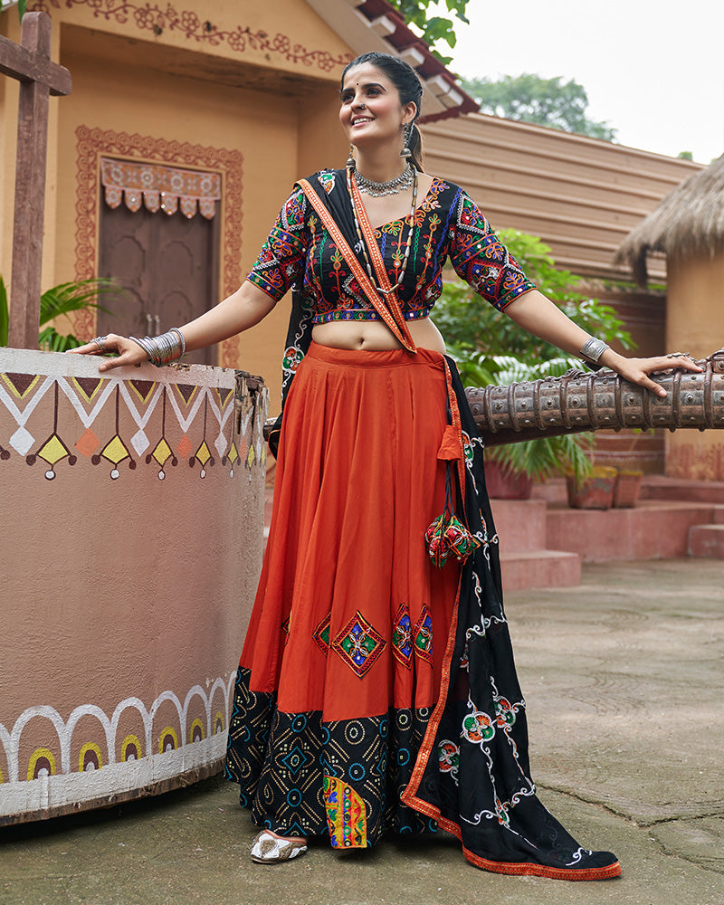 Orange Color Viscose Rayon Fully Stitched Navratri Lehenga Choli