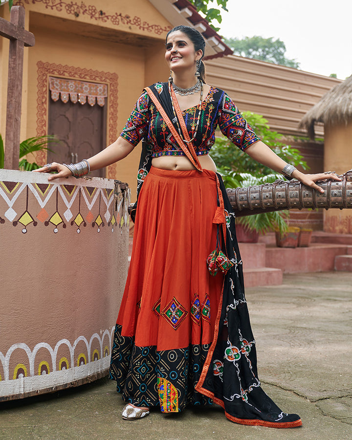 Orange Color Viscose Rayon Fully Stitched Navratri Lehenga Choli