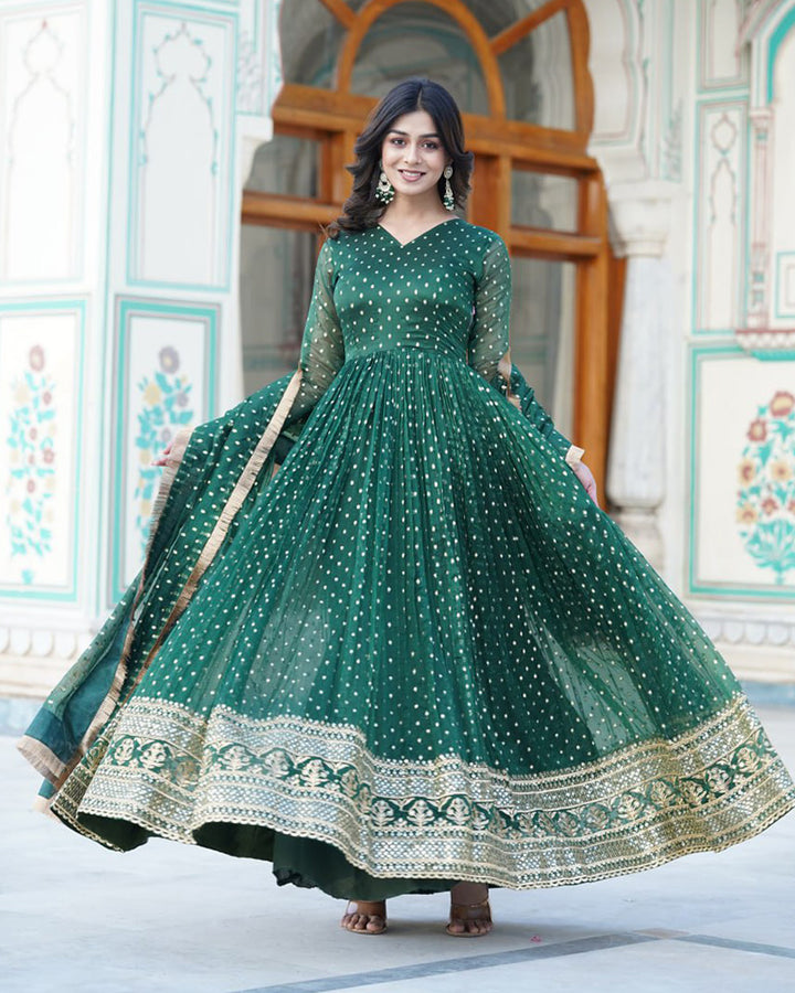 Beautiful Green Color Embroidery Anarkali Gown With Dupatta