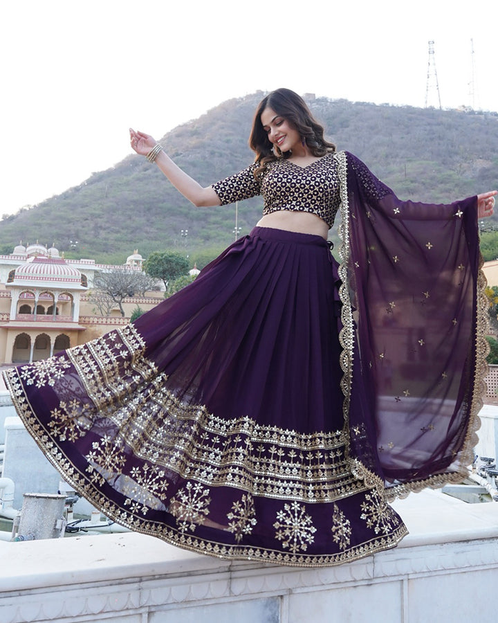 New Design Wine Color Georgette Lehenga Choli With Beautiful Dupatta