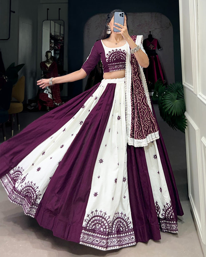 Wine Color Cotton Gamthi Work Navratri Lehenga Choli