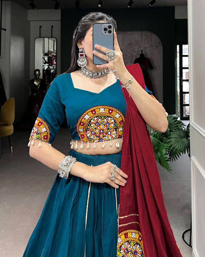 Teal green Color Cotton Gamthi Navratri Lehenga Choli