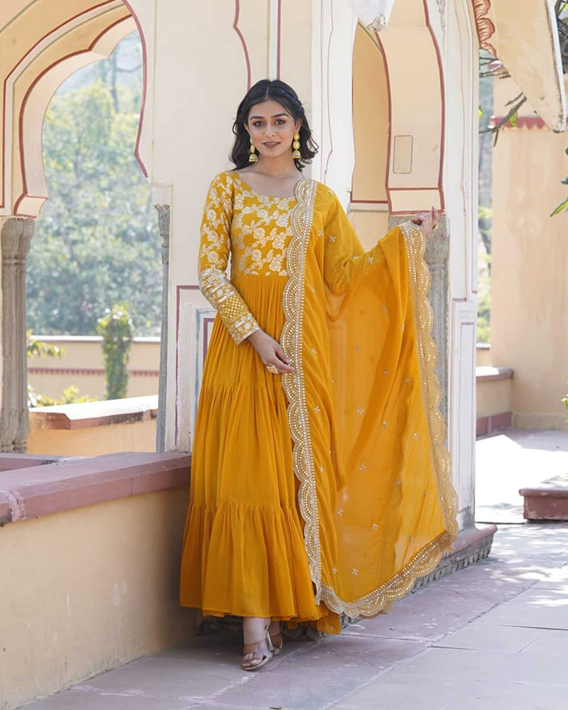 Designer Yellow Color Faux Blooming Frill Anarkali Gown With Dupatta