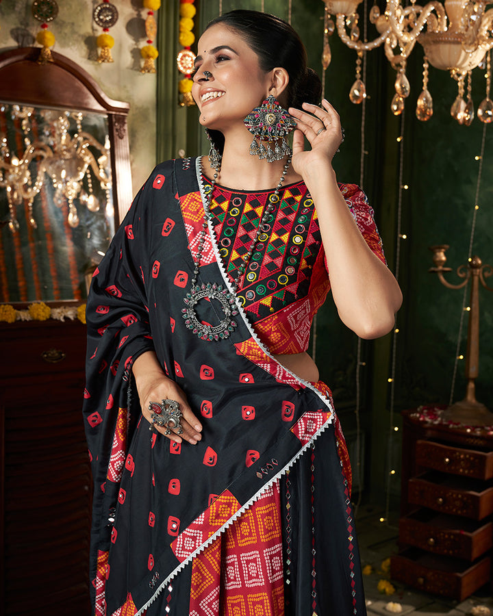 Black Color Maslin Cotton Fully Stitched Navratri Lehenga Choli