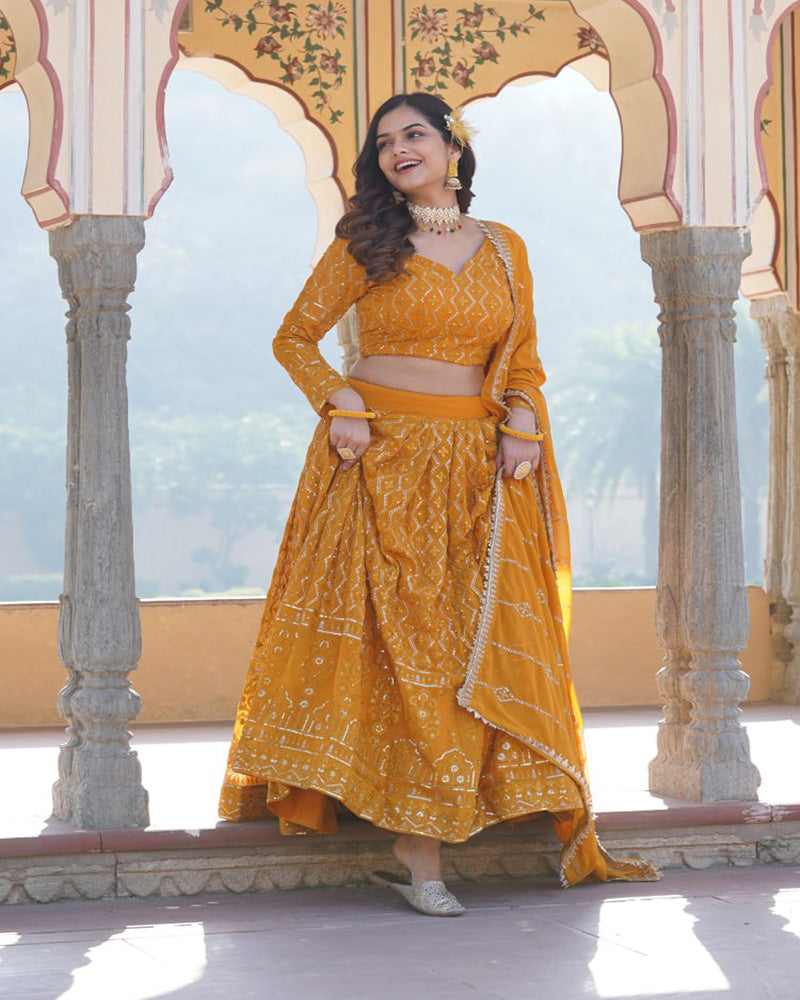 Latest Design Yellow Color Georgette Semi Stitched Lehenga Choli