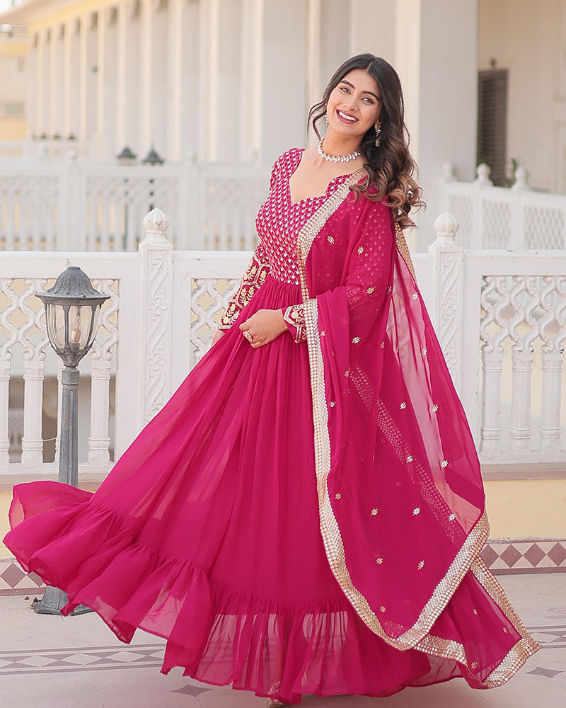 Beautiful Rani Pink Color Blooming Anarkali Gown With Embroidered Dupatta