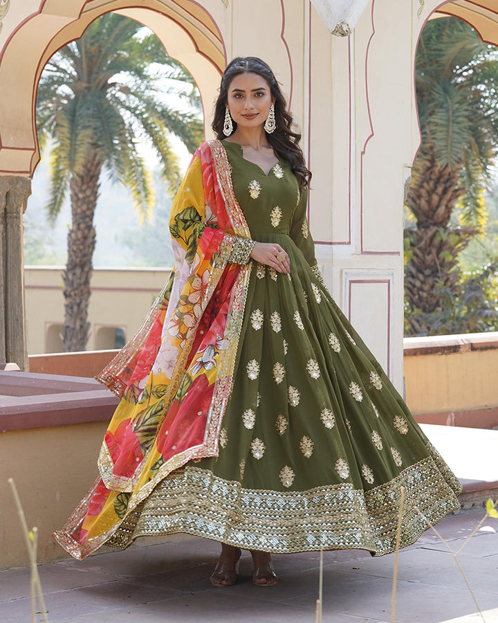 Beautiful Mehendi Color Sequence Embroidered Anarkali Gown