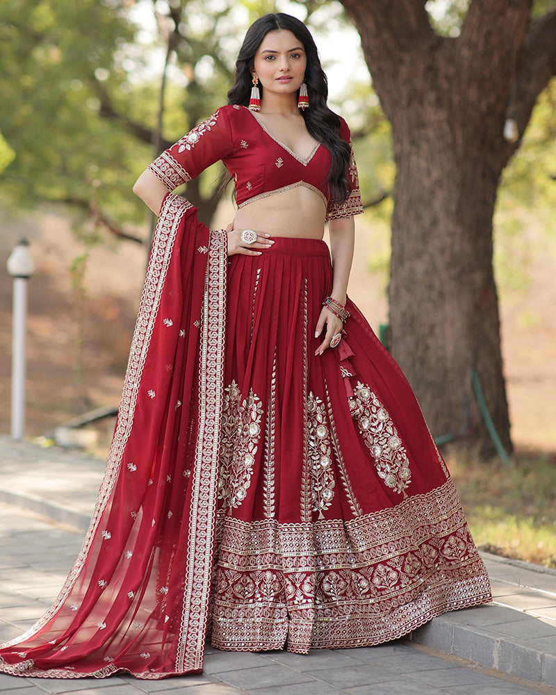 Designer Red Color Blooming Lehenga Choli With Beautiful Dupatta