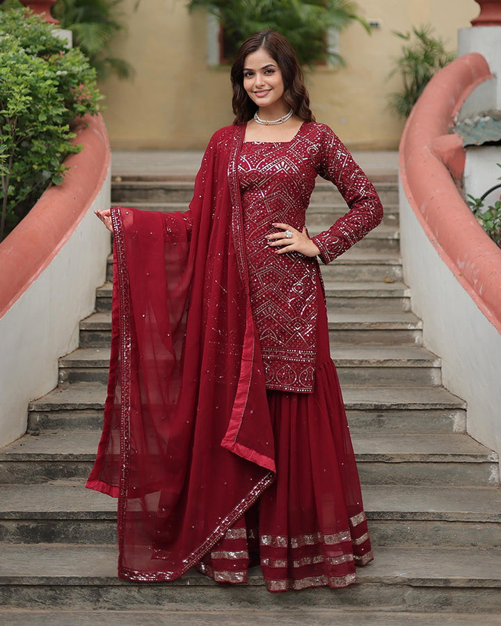 Maroon Color Faux Georgette Three Piece Plazzo Suit