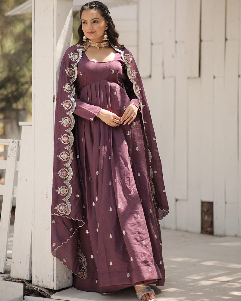 Beautiful Onion Color Shimmer Gown With Embroidered Dupatta