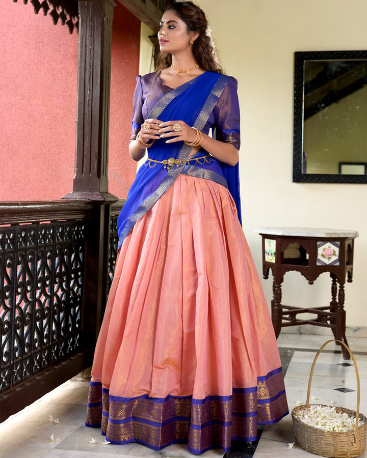 Designer Peach Color Kanchipuram Lehenga Choli