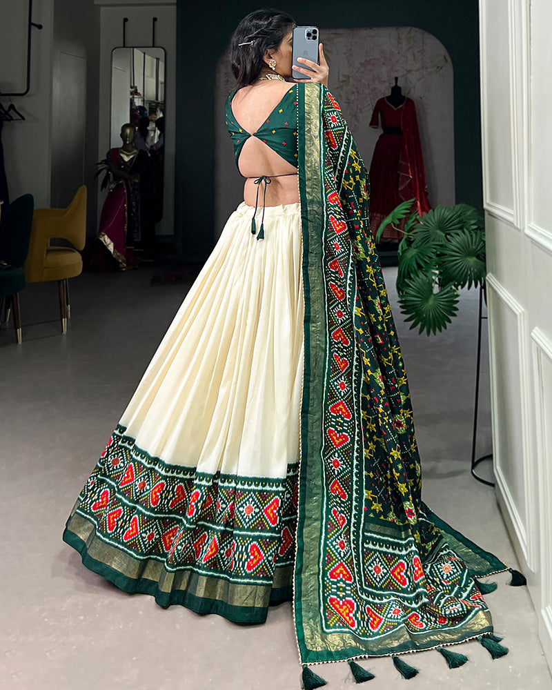 Patola Printed Green Color Tussar Silk Lehenga Choli